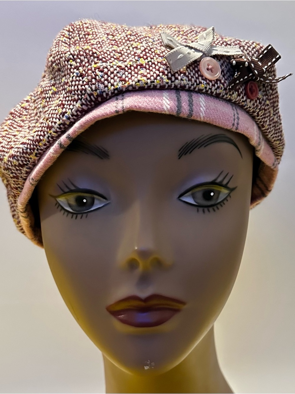 Charter Club Pink Tweed Newsboy Cap with Bow and Button Accents